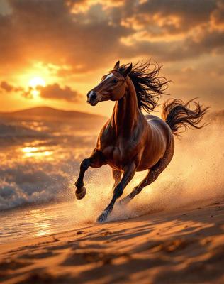 Primary subject: A brown horse running on the beach.

Setting/background: The beach with the ocean in the background.

Visual style: The image is a digital art or illustration.

Colors and mood: The image has a warm and vibrant color palette, with the brown horse and the ocean creating a sense of freedom and adventure.