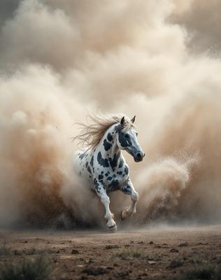 Primary subject: A white and black spotted horse running through a cloud of dust.

Setting/background: The horse is running on a dirt road, with a cloud of dust surrounding it.

Visual style: The image is a photo of the horse in motion.

Colors and mood: The dominant colors are white, black, and various shades of brown from the dust cloud. The overall atmosphere is energetic and dynamic, as the horse is in motion and creating a cloud of dust behind it.