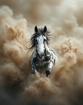 Primary subject: A black and white horse with a mane of black and white hair.

Setting/background: The horse is running through a cloud of dust, which is likely a dirt field.

Visual style: The image is a photo of the horse in motion.

Colors and mood: The horse and its surroundings are predominantly black and white, creating a dramatic and dynamic scene.