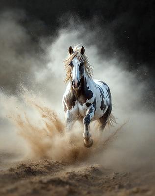 Primary subject: A horse running through the sand.

Setting/background: The horse is running through a sandy area, possibly a beach or a desert.

Visual style: The image is a photo of the horse in motion.

Colors and mood: The image has a warm and natural color palette, with the horse's white and black spots contrasting against the sandy background. The overall atmosphere is energetic and dynamic, as the horse is captured in motion.