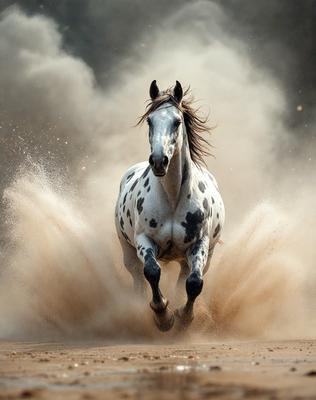 Primary subject: A horse with a spotted pattern running through the dirt.

Setting/background: The horse is running through a dirt field, with a dusty trail behind it.

Visual style: The image is a photo of the horse in motion.

Colors and mood: The horse has a spotted pattern, and the overall atmosphere is energetic and dynamic.