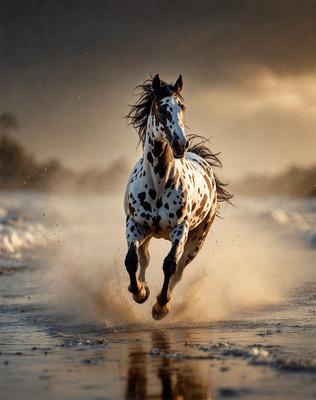 Primary subject: A horse running through water.

Setting/background: The horse is running through a body of water, possibly a river or a lake.

Visual style: The image is a photo of the horse in motion.

Colors and mood: The image has a vibrant and dynamic atmosphere, with the horse's black and white spots contrasting against the water's surface.
