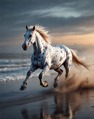 Primary subject: A white horse with a spotted pattern running on the beach.

Setting/background: The beach, with the ocean in the background.

Visual style: The image is a photo of the horse running on the beach.

Colors and mood: The horse is white, and the overall atmosphere is energetic and dynamic, as the horse is running freely on the beach.