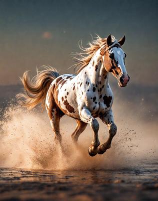 Primary subject: A brown and white spotted horse running through the dirt.

Setting/background: The horse is running through a dirt field, with a sky background.

Visual style: The image is a photo of the horse in motion.

Colors and mood: The horse has brown and white spots, and the overall atmosphere is energetic and dynamic.
