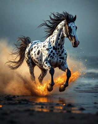 Primary subject: A spotted horse running on the beach.

Setting/background: The beach, with sand and water visible.

Visual style: The image is a photo of the horse running on the beach.

Colors and mood: The horse is black and white, and the overall atmosphere is energetic and dynamic.