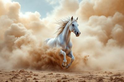 Primary subject: A white horse running through a cloud of dust.

Setting/background: The horse is running on a dirt field, with a cloud of dust surrounding it.

Visual style: The image is a photo of the horse in motion.

Colors and mood: The dominant colors are brown and white, with a dusty and dynamic atmosphere.