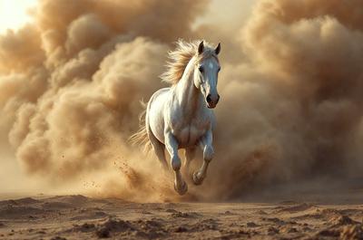 Primary subject: A white horse running through a dusty field.

Setting/background: The horse is running through a dusty field, with a cloudy sky in the background.

Visual style: The image is a photo of the horse in motion.

Colors and mood: The dominant colors are brown and white, with a dusty and somewhat dramatic atmosphere.