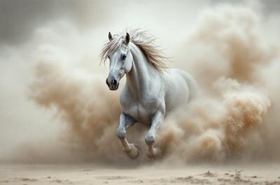 Primary subject: A white horse with blonde hair running through a cloud of dust.

Setting/background: The horse is running through a cloud of dust, which is likely created by the horse's movement.

Visual style: The image is a photo of the horse running through the dust.

Colors and mood: The image has a sepia tone, giving it a warm and nostalgic atmosphere.
