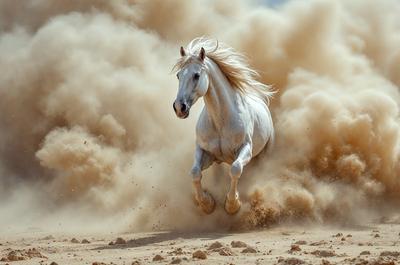 Primary subject: A white horse with blonde hair running through a cloud of dust.

Setting/background: The horse is running on a dirt field, with a cloud of dust surrounding it.

Visual style: The image is a photo of the horse in motion.

Colors and mood: The dominant colors are brown and white, with a dusty and dynamic atmosphere.