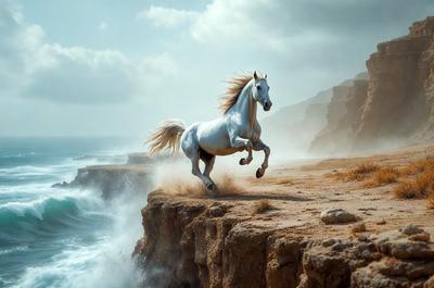 Primary subject: A white horse running on a rocky cliff near the ocean.

Setting/background: The horse is running on a rocky cliff overlooking the ocean. The background features a cloudy sky, adding to the dramatic atmosphere of the scene.

Visual style: The image is a digital artwork, showcasing the horse in a dynamic pose as it runs along the cliff.

Colors and mood: The dominant colors in the image are shades of blue, gray, and white