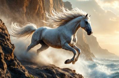 Primary subject: A white horse running on a rocky hillside.

Setting/background: The horse is running on a rocky hillside, with a mountain in the background.

Visual style: The image is a digital art illustration of a white horse running on a rocky hillside.

Colors and mood: The image has a vibrant and dynamic color palette, with the white horse standing out against the rocky hillside and mountain in the background. The overall atmosphere is energetic and