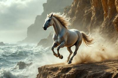 Primary subject: A white horse with long hair running on a beach.

Setting/background: The horse is running on a beach near the ocean, with a rocky cliff in the background.

Visual style: The image is a digital artwork, featuring a beautifully rendered horse in motion.

Colors and mood: The image has a warm and vibrant color palette, with the white horse standing out against the natural beach and ocean backdrop. The overall atmosphere is energetic and dynamic, capt