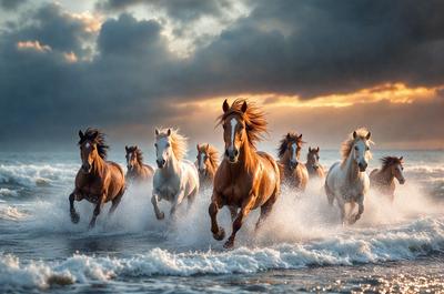 Primary subject: Horses running in the ocean.
Setting/background: Ocean waves and a cloudy sky.
Visual style: Photo.
Colors and mood: The image is in black and white, giving it a classic and timeless feel.