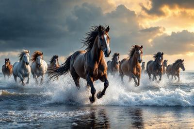 Primary subject: A group of horses running through the ocean.

Setting/background: The ocean, with waves and water.

Visual style: The image is a photo of the horses running through the ocean.

Colors and mood: The image has a vibrant and energetic atmosphere, with the horses and ocean water creating a dynamic scene.