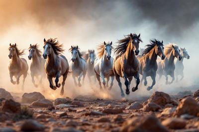 Primary subject: Horses
Setting/background: Dirt ground
Visual style: Photo
Colors and mood: Brown and dusty