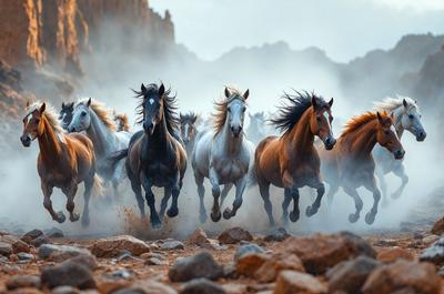 Primary subject: Horses
Setting/background: Dirt and rocks
Visual style: Photo
Colors and mood: Brown and black