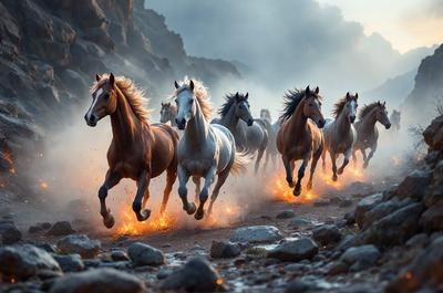 Primary subject: Horses
Setting/background: A rocky mountain trail
Visual style: Digital art
Colors and mood: The image is in black and white, giving it a dramatic and artistic feel.