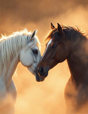 The primary subject of the image is a pair of horses standing close to each other. They are positioned in a field with a yellowish-orange background, which adds a warm and inviting atmosphere to the scene. The visual style of the image is a photo, capturing the horses in their natural environment. The colors and mood of the image are predominantly warm and serene, with the horses' interaction and the surrounding field creating a sense of harmony and connection.