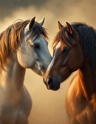 The primary subject of the image is two horses standing next to each other, with their heads touching or nuzzling. The setting is a dirt field, and the visual style appears to be a photo. The colors in the image are predominantly brown and orange, creating a warm and natural atmosphere.