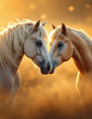 The primary subject of the image is two horses standing close to each other, with their heads touching or nuzzling. They are positioned in a field, which serves as the setting and background of the scene. The visual style of the image is a photo, capturing the horses in their natural environment. The colors and mood of the image are warm and serene, with the golden light of the sun creating a peaceful atmosphere.