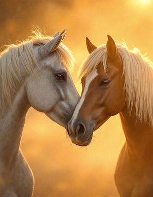 The primary subject of the image is two horses standing close to each other, with their heads touching. They are positioned in a field, which serves as the setting and background of the scene. The visual style of the image is a photo, capturing the horses in their natural environment. The colors and mood of the image are warm and serene, with the sunlight creating a peaceful atmosphere.