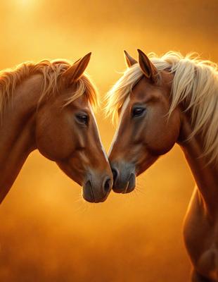 The primary subject of the image is two horses standing next to each other, with their heads touching or nuzzling. The setting is a field with a yellowish hue, which adds a warm and natural atmosphere to the scene. The visual style appears to be a photo, capturing the horses in their natural environment. The colors and mood convey a sense of companionship and affection between the two horses.