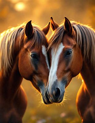 The primary subject of the image is two brown horses standing close to each other, with their heads touching. They are positioned in a field, which serves as the setting and background of the scene. The visual style of the image is a photo, capturing the horses in their natural environment. The colors and mood of the image are warm and serene, as the horses appear to be enjoying each other's company.