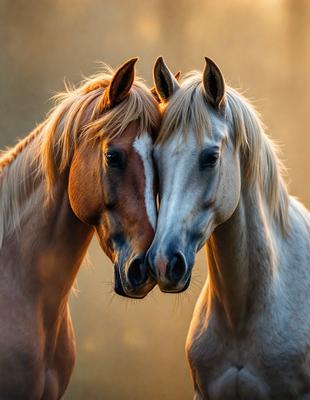 The primary subject of the image is two horses standing close to each other, with their heads touching. They are positioned in a field, which serves as the setting and background of the scene. The visual style of the image is a photo, capturing the horses in their natural environment. The colors and mood of the image are warm and serene, as the horses appear to be enjoying each other's company.
