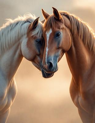 The primary subject of the image is two horses standing close to each other, with their heads touching. They are positioned in a field, which serves as the setting and background of the scene. The visual style of the image is a photo, capturing the horses in their natural environment. The colors and mood of the image are warm and serene, as the horses appear to be enjoying each other's company.