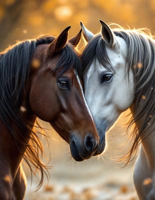 The primary subject of the image is a brown and white horse standing next to a white horse. They are both facing each other, with their heads close together. The setting appears to be a dirt field, and the visual style is a photo. The dominant colors in the image are brown, white, and shades of yellow, creating a warm and natural atmosphere.