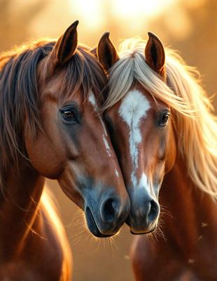 The primary subject of the image is two horses standing close to each other, with their heads touching. They are positioned in front of a sunset, which adds a warm and serene atmosphere to the scene. The visual style of the image is a photo, capturing the horses in their natural environment. The colors and mood of the image are predominantly warm and inviting, with the sunset casting a golden glow over the scene.