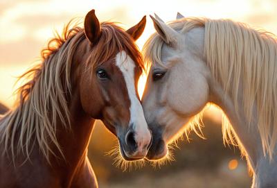 The primary subject of the image is two horses standing close to each other, with their heads touching. They are positioned in a field, which serves as the setting and background of the scene. The visual style of the image is a photo, capturing the horses in their natural environment. The colors and mood of the image are warm and serene, as the horses appear to be enjoying each other's company.