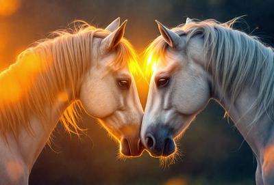 The primary subject of the image is two horses with their heads touching or nuzzling each other. The setting is a forest, with trees visible in the background. The visual style is a photo, capturing the horses in their natural environment. The colors and mood of the image are warm and affectionate, as the horses appear to be enjoying each other's company.