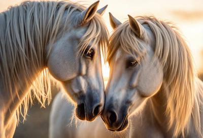 The primary subject of the image is two horses standing next to each other, with their heads touching or nuzzling. The setting is a field, and the visual style appears to be a photo. The colors and mood of the image are warm and serene, with the horses' gentle interaction creating a sense of companionship and harmony.