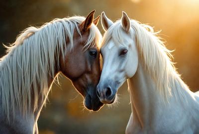 The primary subject of the image is two horses standing close to each other, with their heads touching. They are positioned in front of a forest, creating a serene and natural setting. The visual style of the image is a photo, capturing the horses in their natural environment. The colors and mood of the image are warm and peaceful, with the horses' gentle interaction and the surrounding forest creating a sense of harmony and tranquility.