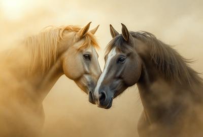 The primary subject of the image is two horses standing next to each other, with their heads touching or nuzzling. The setting is a dusty environment, which adds a sense of warmth and atmosphere to the scene. The visual style is a photo, capturing the horses in their natural habitat. The colors and mood of the image are warm and inviting, with the dusty environment and the gentle interaction between the horses creating a sense of connection and harmony.