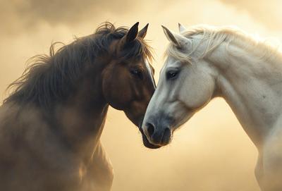 The primary subject of the image is a brown horse and a white horse standing next to each other. They are positioned in a field, with the brown horse on the left and the white horse on the right. The setting appears to be a sunny day, creating a warm and inviting atmosphere. The visual style of the image is a photo, capturing the horses in their natural environment. The colors and mood of the image are predominantly warm and earthy tones, with the sunlight creating a sense of warmth and