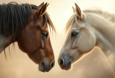 The primary subject of the image is two horses standing next to each other. They are positioned in front of a hazy background, which adds a sense of depth and atmosphere to the scene. The horses are facing each other, with their noses touching, creating a sense of connection and harmony between the two animals. The visual style of the image is a combination of photo and digital art, resulting in a realistic yet artistic representation of the horses. The colors and mood of the image are predominantly warm and earthy