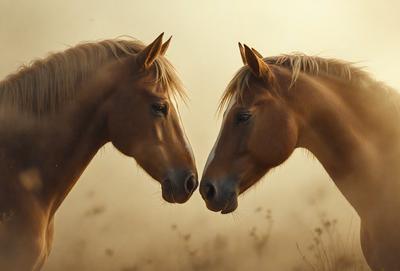 The primary subject of the image is two horses standing next to each other in a field. They are facing each other, with their noses touching. The setting is a dirt field, and the visual style appears to be a photo. The colors in the image are predominantly brown, giving the scene a warm and natural atmosphere.