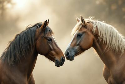 The primary subject of the image is two horses standing next to each other, with their heads touching or nuzzling. They are positioned in a field, which serves as the setting and background of the scene. The visual style of the image is a photo, capturing the horses in their natural environment. The colors and mood of the image are warm and friendly, as the horses interact with each other in a gentle and affectionate manner.
