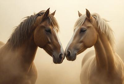 The primary subject of the image is two horses standing next to each other in a dusty environment. They are facing each other, with their noses touching, creating a sense of connection and bonding between the two animals. The setting appears to be a dirt field, which adds to the overall atmosphere of the scene. The visual style of the image is a close-up of the horses, emphasizing their features and expressions. The colors in the image are predominantly earthy tones, such as brown and beige, which