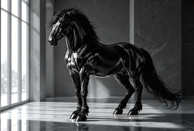 The primary subject of the image is a black horse standing in a room. The setting appears to be a room with a marble floor, and the visual style is a black and white photo. The horse is the main focus of the image, and its presence creates a dramatic and striking atmosphere.