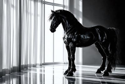 The primary subject of the image is a black horse standing in a room. The horse is positioned in front of a window, which serves as the setting for the scene. The visual style of the image is a black and white photo, giving it a classic and timeless appearance. The dominant colors in the image are black and white, creating a moody and dramatic atmosphere.
