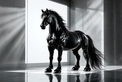 The primary subject of the image is a black horse standing in a room. The setting is a room with a window, and the visual style appears to be a digital art or illustration. The horse is the main focus of the image, and its black color and the room's environment create a moody atmosphere.