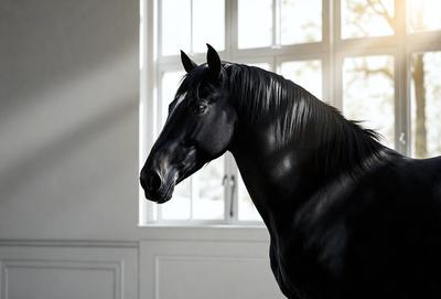 The primary subject of the image is a black horse standing in a room with a window. The horse is the main focus of the image, and it appears to be looking at the camera. The setting is indoors, with the horse standing in front of a window. The visual style of the image is a photo, capturing the horse in its natural environment. The colors in the image are predominantly black and white, giving the scene a classic and timeless feel.