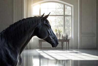 Primary subject: A black horse standing in a room.

Setting/background: The horse is standing in a room with a window, a table, and a vase.

Visual style: The image is a digital art or illustration of a horse.

Colors and mood: The image has a black and white color scheme, giving it a classic and timeless feel.