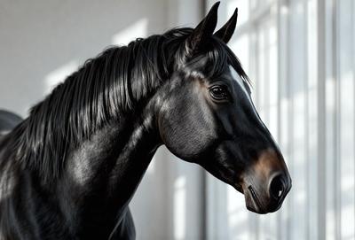 The primary subject of the image is a black horse with a white stripe on its face. The horse is standing in front of a window, which serves as the setting or background of the scene. The visual style of the image is a photo, capturing the horse's features and the surrounding environment. The colors in the image are predominantly black and white, creating a contrasting and striking appearance. The overall atmosphere of the image is one of elegance and beauty, as the horse stands proudly in front of the window.