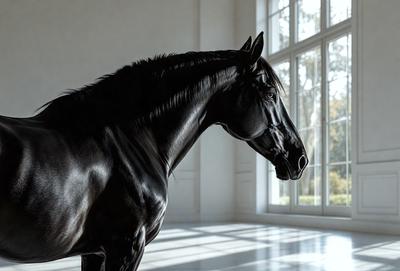 Primary subject: A black horse standing in a room.

Setting/background: The horse is standing in a room with a white wall and a window.

Visual style: The image is a black and white photo.

Colors and mood: The dominant colors are black and white, creating a classic and timeless atmosphere.