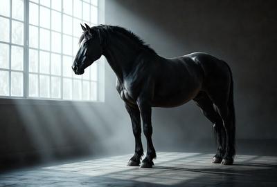 Primary subject: A horse standing in a room.

Setting/background: The horse is standing in a room with a window, and there is a brick floor.

Visual style: The image is a black and white photo.

Colors and mood: The mood of the image is dark and moody, with the horse standing in the shadows.