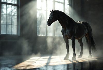 Primary subject: A horse standing in a room.

Setting/background: The horse is standing in a room with a window, and there is a wooden floor.

Visual style: The image is a digital art or illustration.

Colors and mood: The image has a sepia tone, giving it a vintage and nostalgic feel.